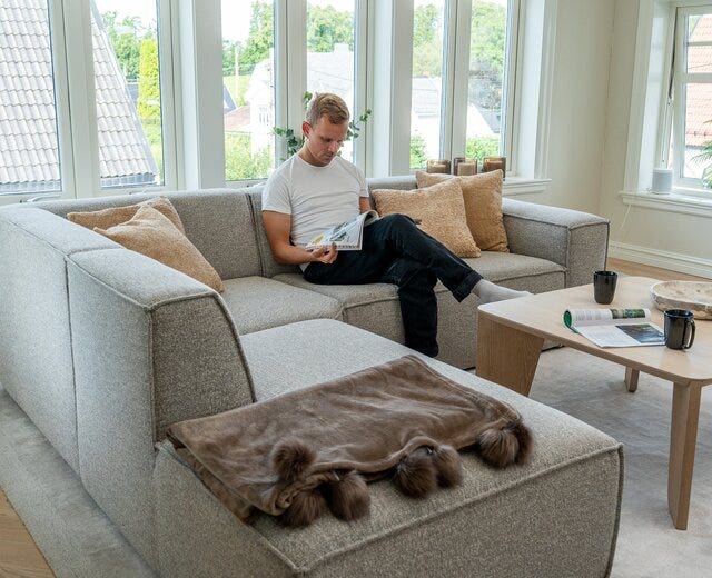 Moderne sofa i lys stue med store vinduer og lyse tekstiler
